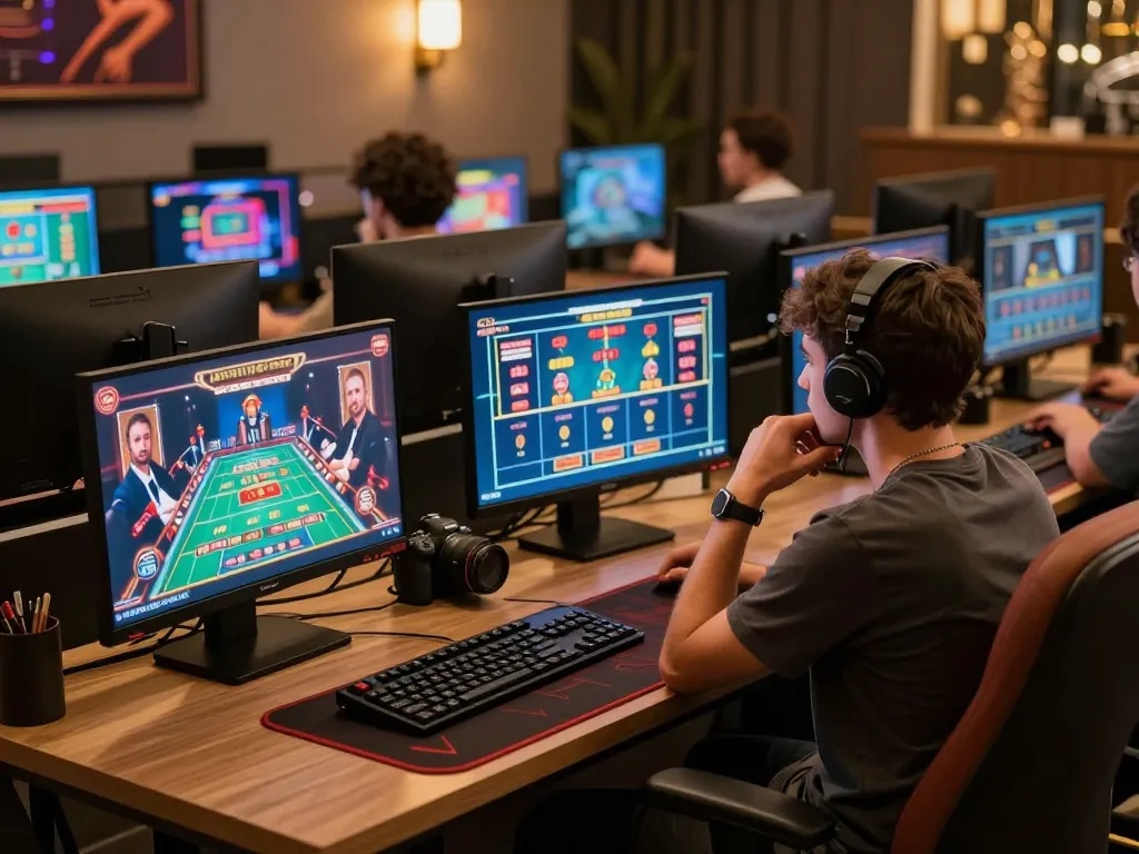 Engaged player strategizing on online casino gaming at home while using okwin68 interface.