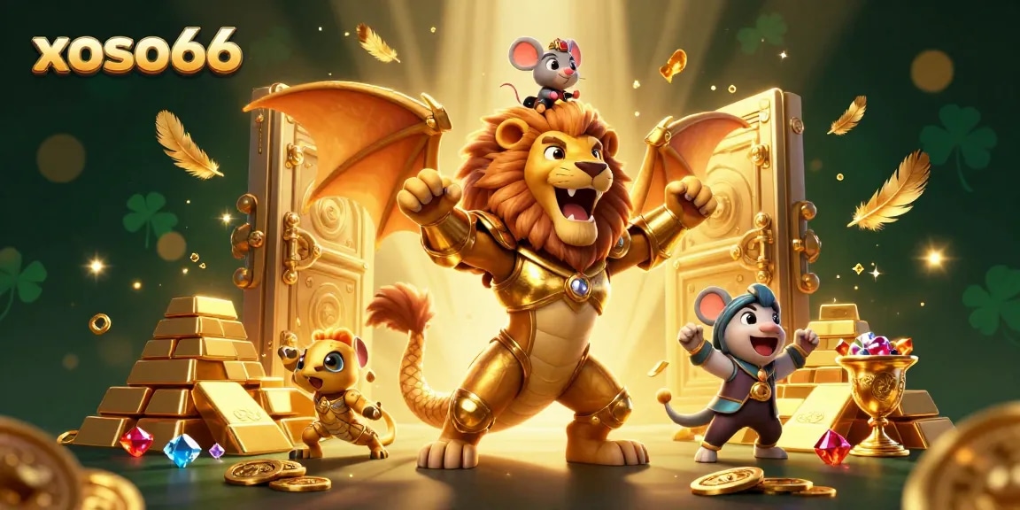 Unleash excitement with xoso66, showcasing a golden chimera and mouse jockey amidst dynamic treasure elements.