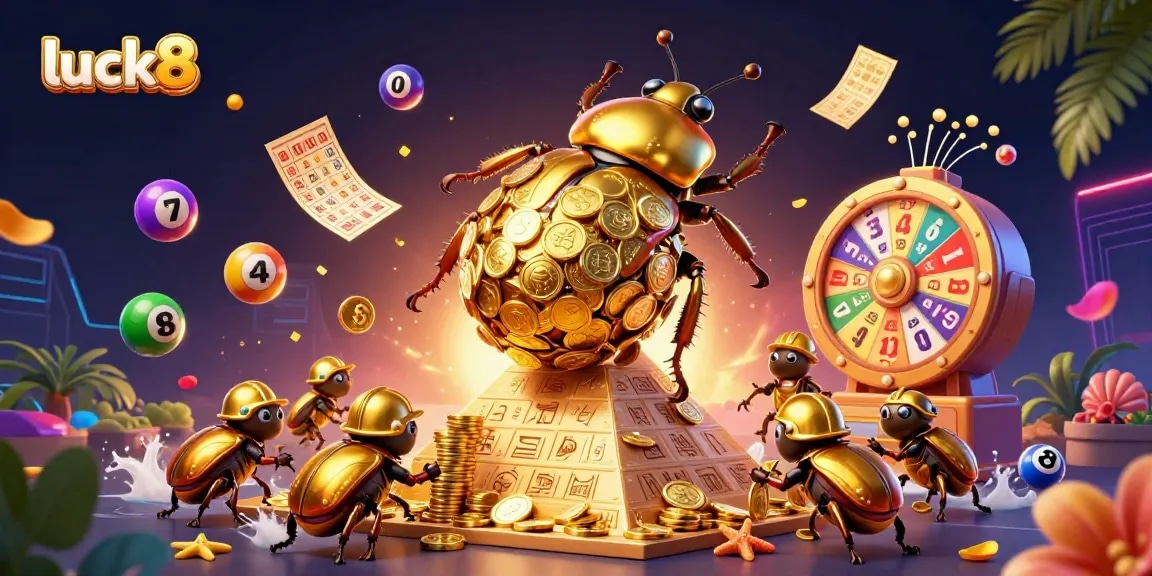 Experience luck8 with vibrant illustrations of casino elements and golden riches.