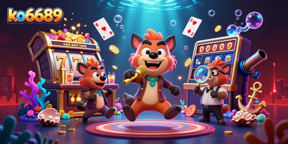 Join the fun at ko6689's animated comedy casino scene with hyenas in action, showcasing slots and treasure.
