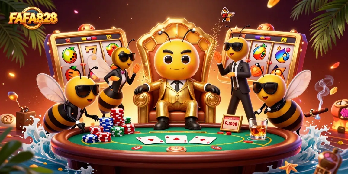 Experience the thrill of FAFA828 with a vibrant casino scene featuring characters amidst slot reels and colorful poker elements.