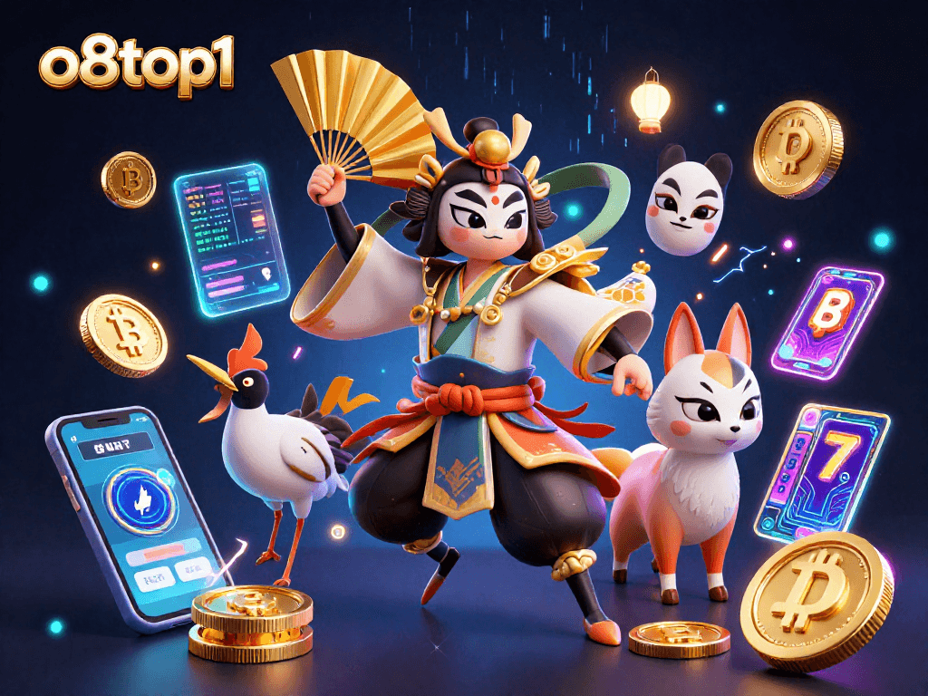 Engage with o8top1 through captivating casino gaming art featuring dynamic characters and crypto elements.