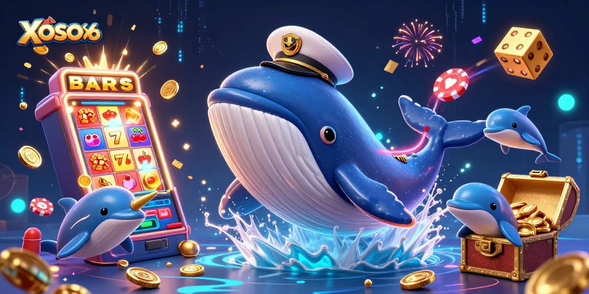 XOSO66 promotional illustration with a 3D cartoon whale and slot machines bursting with coins