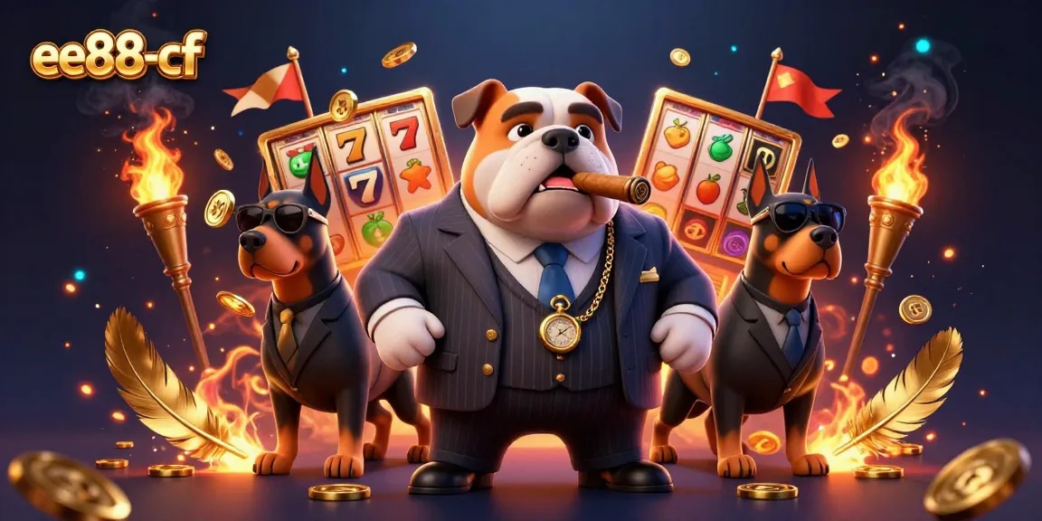 Engage in thrilling gameplay at ee88-cf with a lively scene of a bulldog mafia boss and Doberman bodyguards filled with casino excitement.