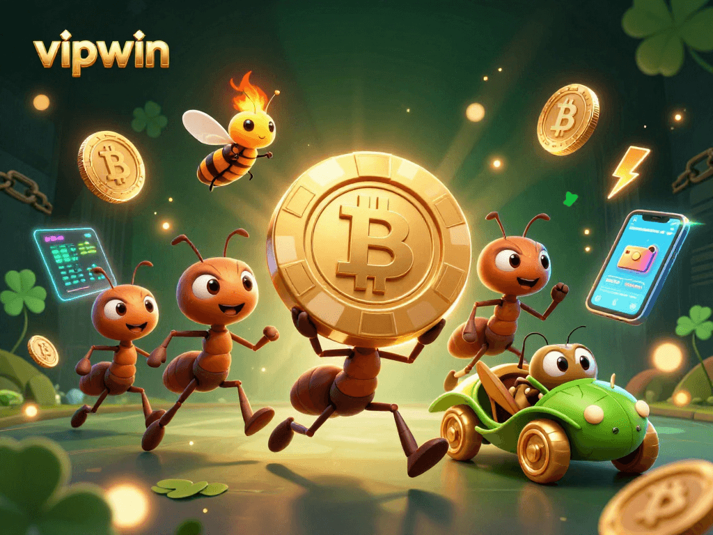 Engage with vipwin as ants heist a golden poker chip in a vibrant casino world.