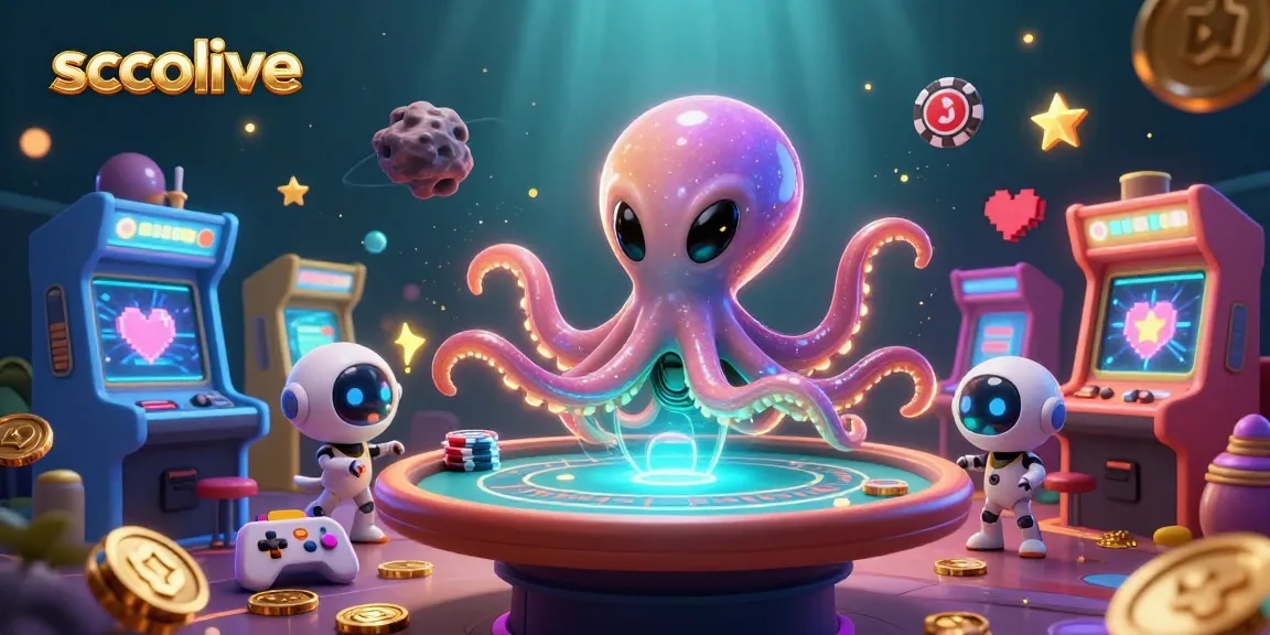 Socolive features a vivid illustration of an alien octopus playing poker with colorful chips, immersing players in a dynamic gambling experience.