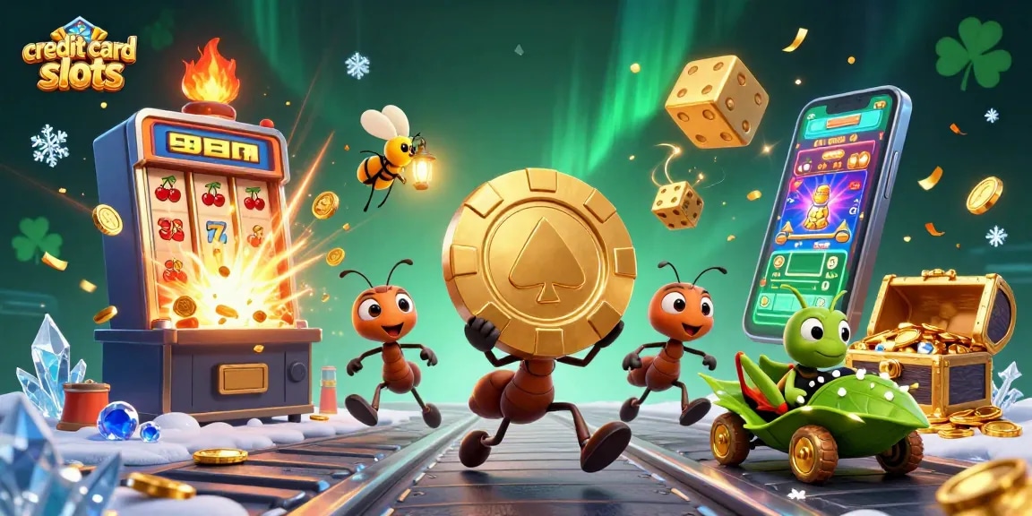 Experience thrilling action with credit card slots as ants heist golden poker chips amidst slot machine chaos.