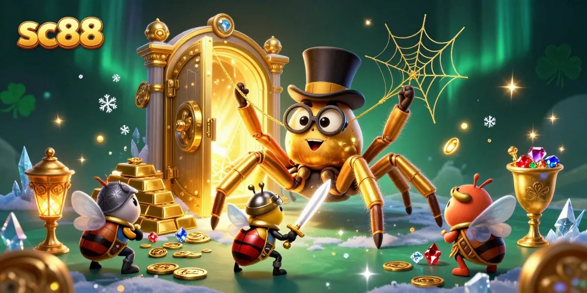 Engage with thrilling games at sc88, featuring a golden tarantula weaving luck and fortune amidst vibrant casino treasures.