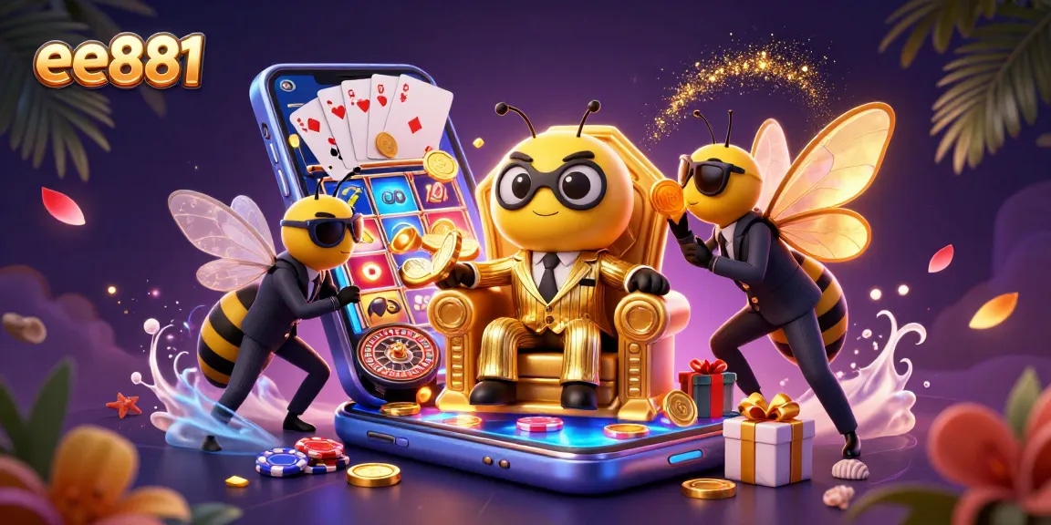 Experience the vibrant world of ee881 with an energetic scene featuring a bumblebee mob boss in a golden throne surrounded by casino elements and animated action.