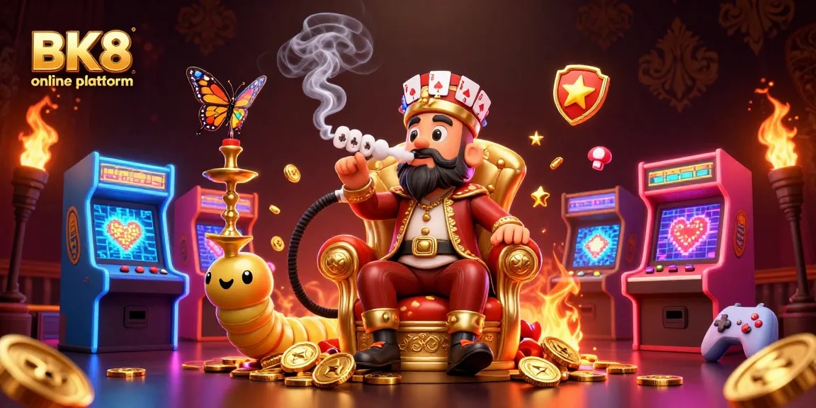 Experience the thrilling BK8 online platform with vibrant casino games and characters in a colorful 3D illustration.