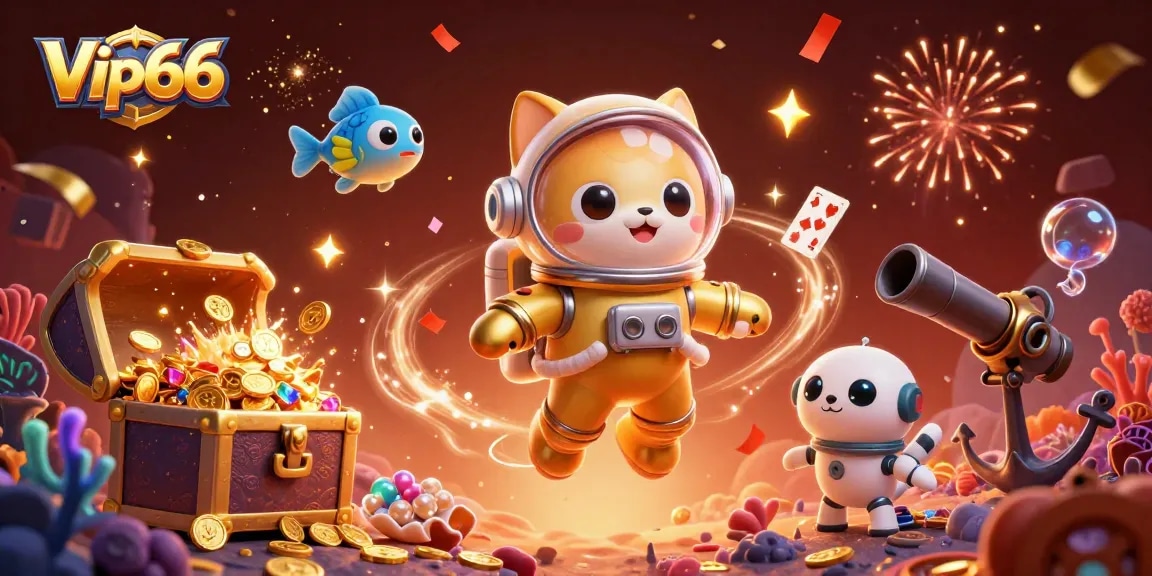 Engage in thrilling gameplay at Vip66, showcasing a golden astronaut cat alongside dynamic casino elements.