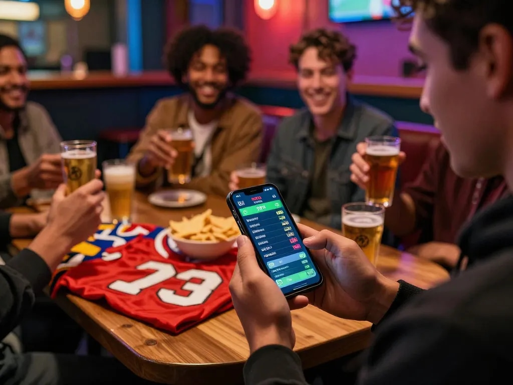 Excited players using the nhà cái hbet app for sports betting in a cozy setting during an event
