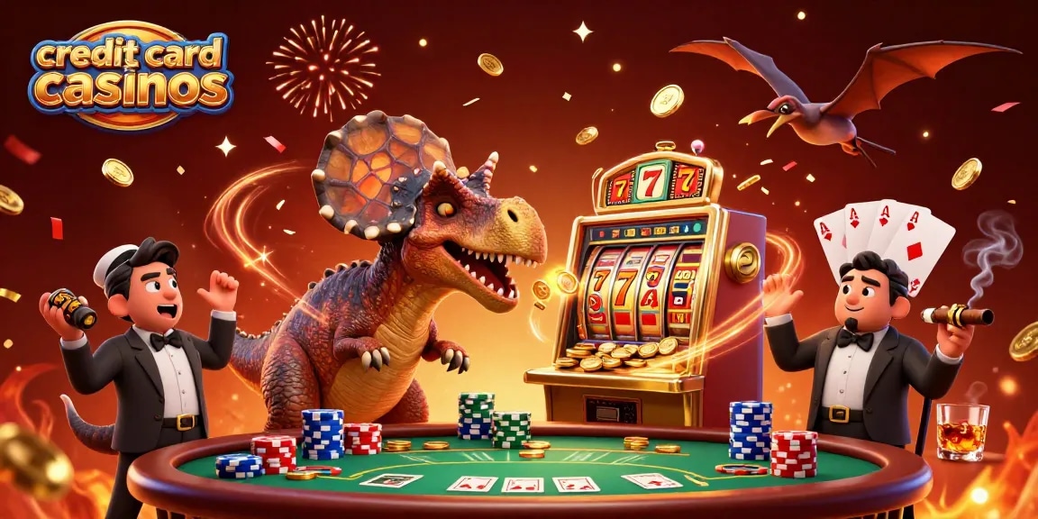 Experience excitement at credit card casinos as a dinosaur wins jackpots amidst vibrant casino elements.