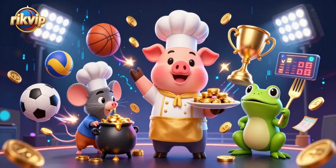 Get ready for winning strategies at rikvip with a vibrant casino-themed illustration, featuring a chef pig and gold coins.
