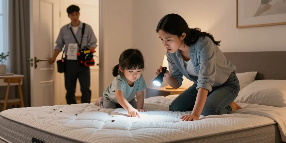 Bed bug exterminators assessing a family's bedroom for signs of infestation in a cozy setting.