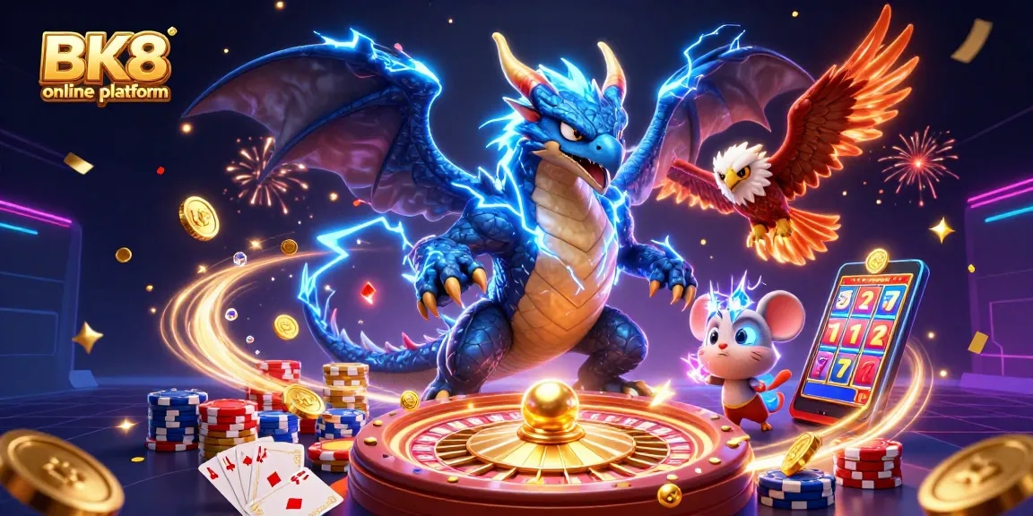 Engage with the BK8 online platform through dazzling animated characters and vibrant casino elements.