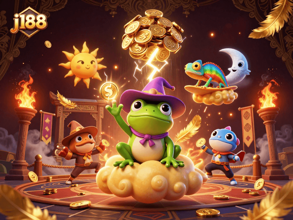 Join the j188 adventure as a wizard frog conjures golden coins in a vibrant casino scene.