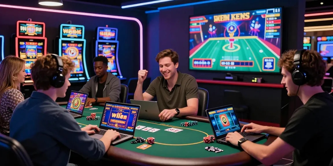 Non UK casinos for UK players in an engaging online casino scene with British players celebrating wins and enjoying diverse games.