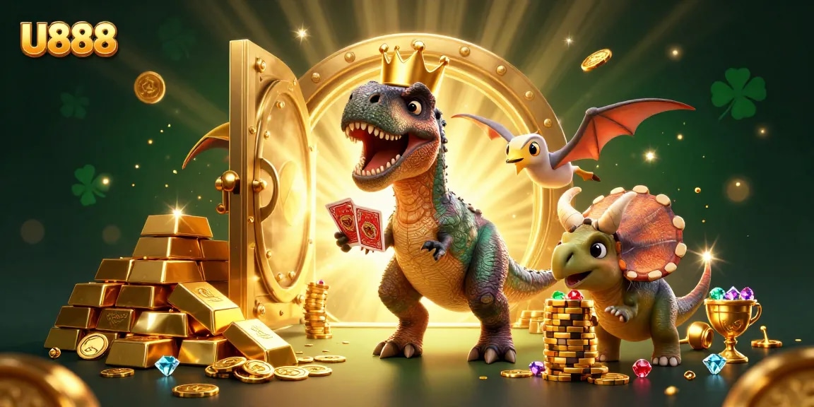 Experience exciting wins at U888 with a vibrant casino scene featuring friendly characters and treasures.