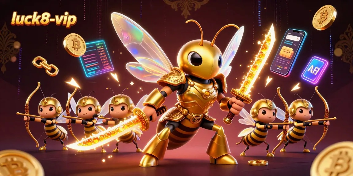 Engage in thrilling games with luck8-vip as a giant hornet warrior dominates a bustling casino backdrop.