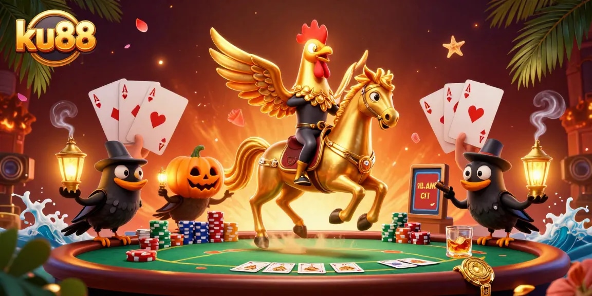 ku88 captures a golden rooster riding a spectral horse among poker elements in a vibrant casino