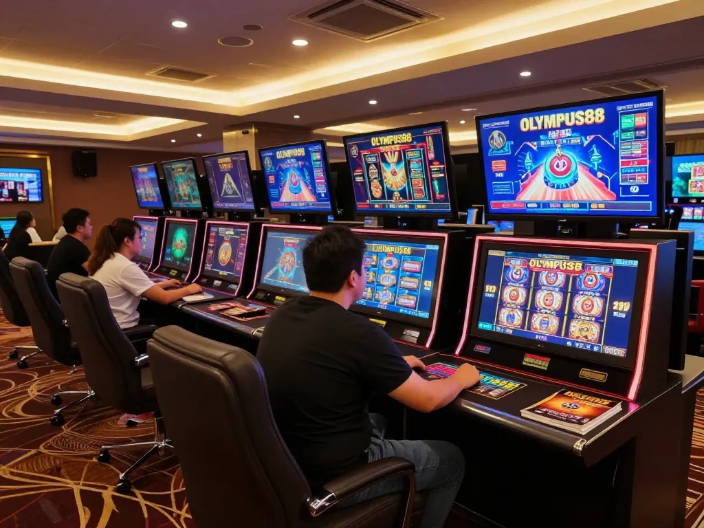 Experience gameplay at OLYMPUS88 online casino with a dynamic gaming setup showcasing multiple screens.