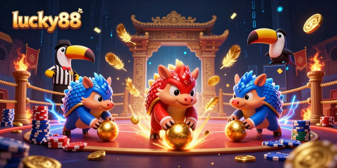 Engaging lucky88 illustration featuring rival pangolins and casino elements in vibrant action