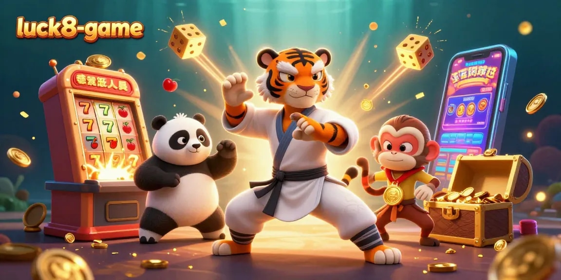 Engage in the luck8-game adventure with a kung fu tiger master, panda disciple, and monkey stealing a medal amidst explosive casino elements.