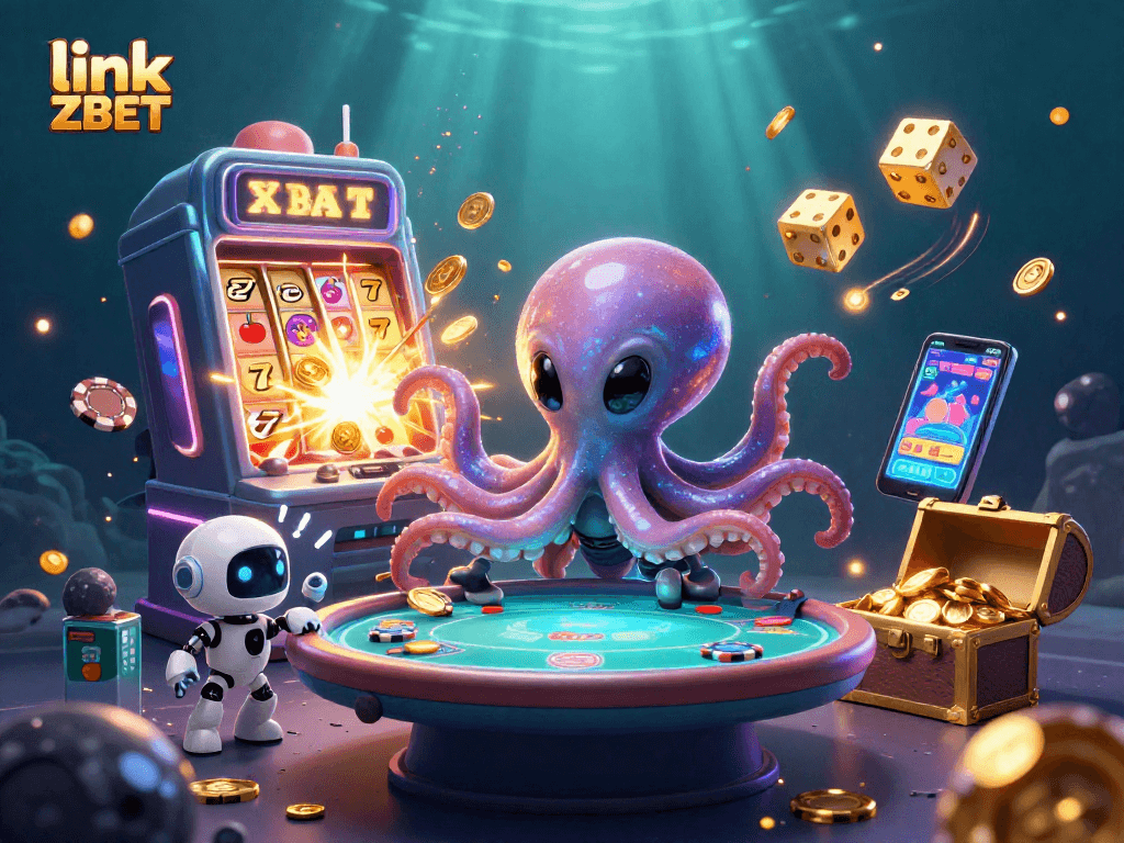 Experience excitement at link ZBET with an alien octopus running a poker game amidst casino chaos.