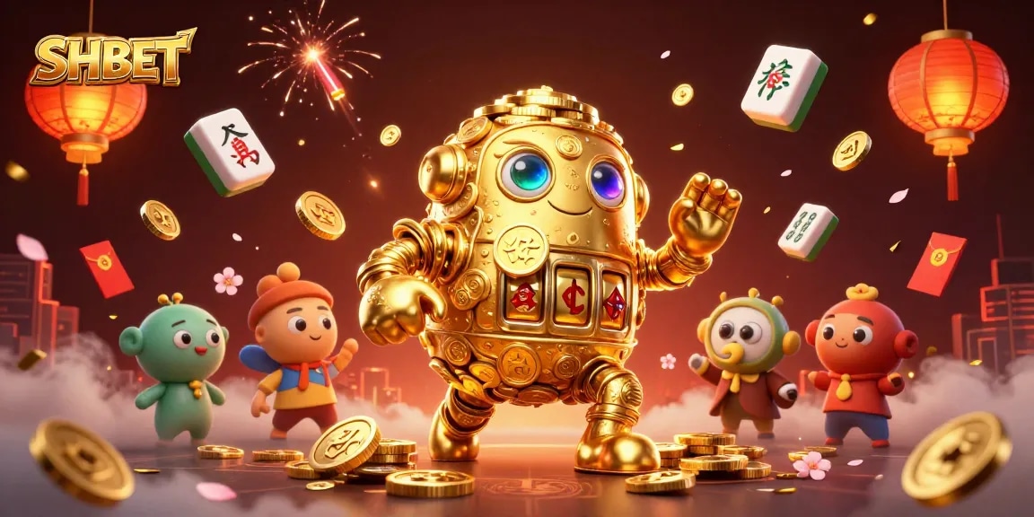 SHBET shows a golden golem surrounded by vibrant casino elements for dynamic gambling action