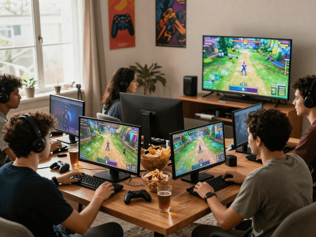 Engaging group playing sex games online in cozy living room.