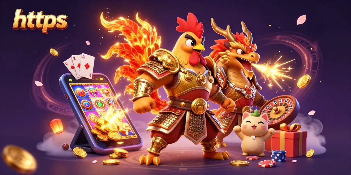 Experience thrilling gameplay as https powers a 3D fighting rooster warrior and dragon in an epic casino scene.