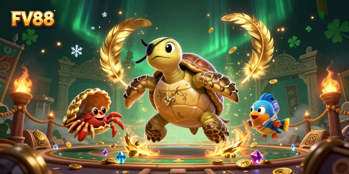 Engage in thrilling gaming adventures at FV88 with a rich 3D casino scene featuring vibrant characters and treasure.