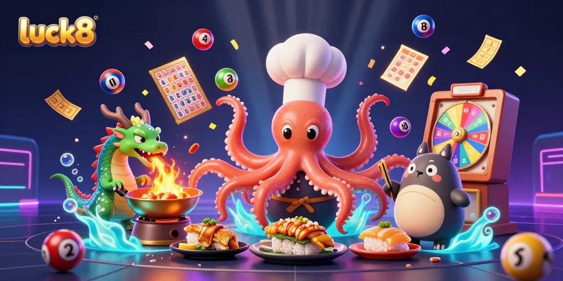 Engage with luck8 as the sushi chef octopus prepares golden dishes, surrounded by lottery excitement and vibrant prizes.