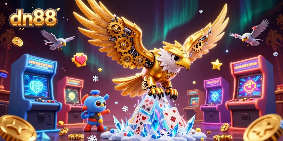 Experience the excitement of dn88 as a cybernetic eagle dives through holographic cards in a vibrant casino.