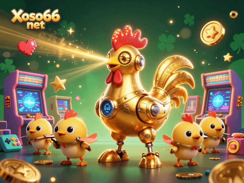 Experience thrilling gaming at Xoso66 net with colorful arcade machines and futuristic characters in action!
