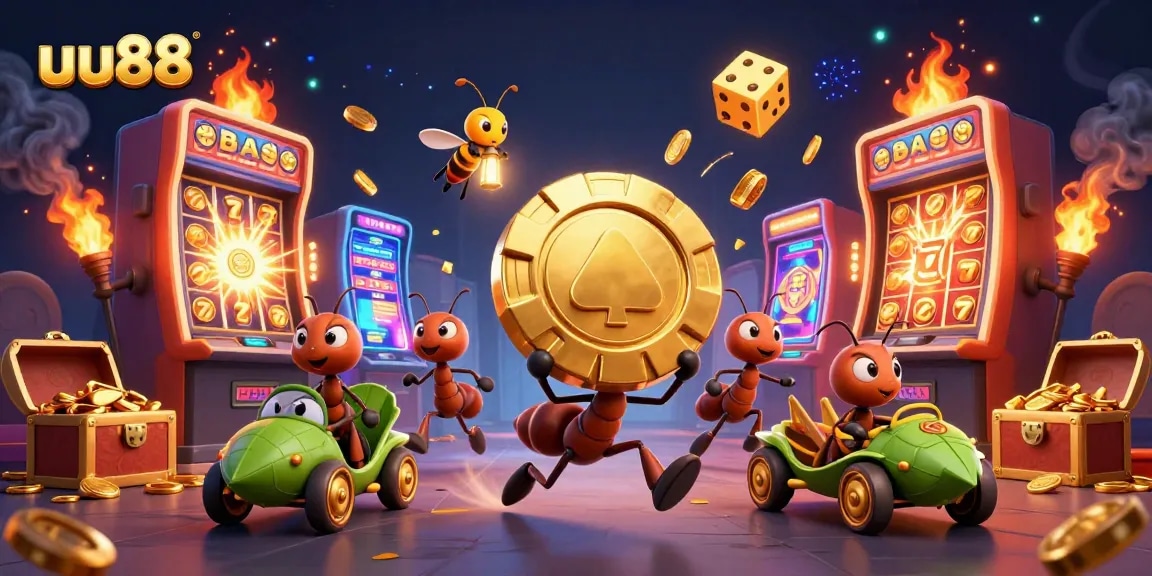 Experience thrilling games at uu88 with ants heisting a giant poker chip amid cinematic casino chaos.