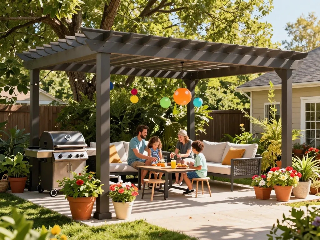 Custom pergola configurator design in a vibrant outdoor space with family gathering.