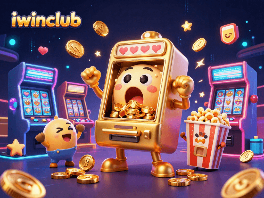 Experience thrilling wins with iwinclub's vibrant jackpot scene featuring cartoon slot machines and golden coins.