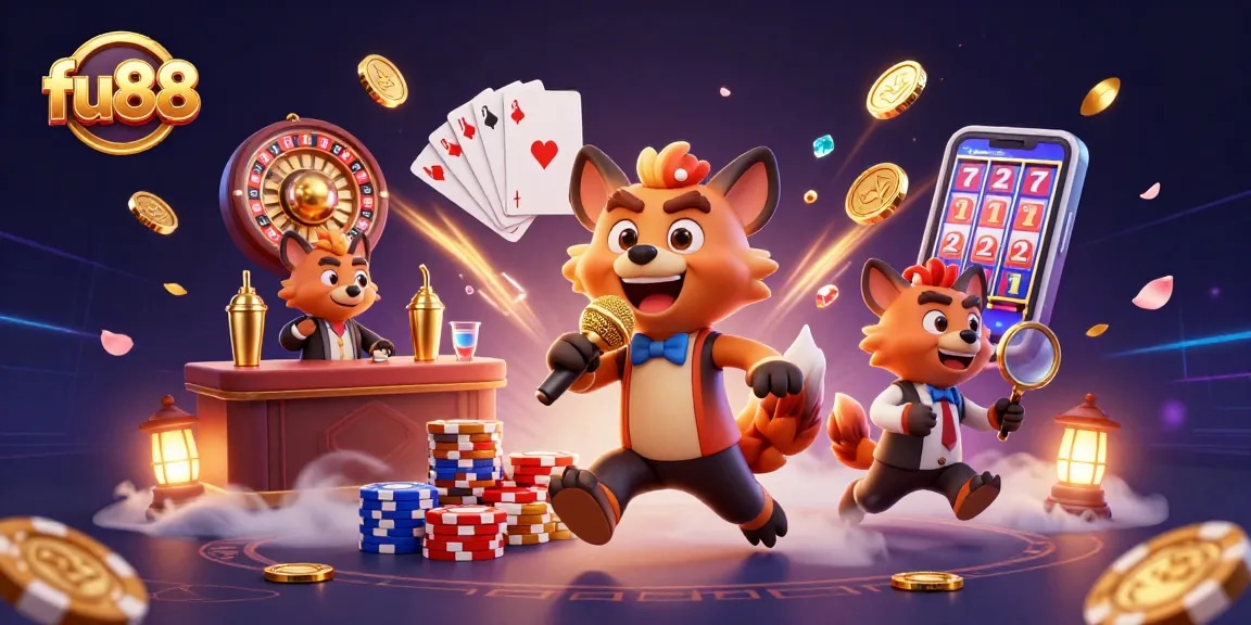 Engage with fu88's exciting gaming experience at this vibrant casino scene filled with hyenas, games, and gold.