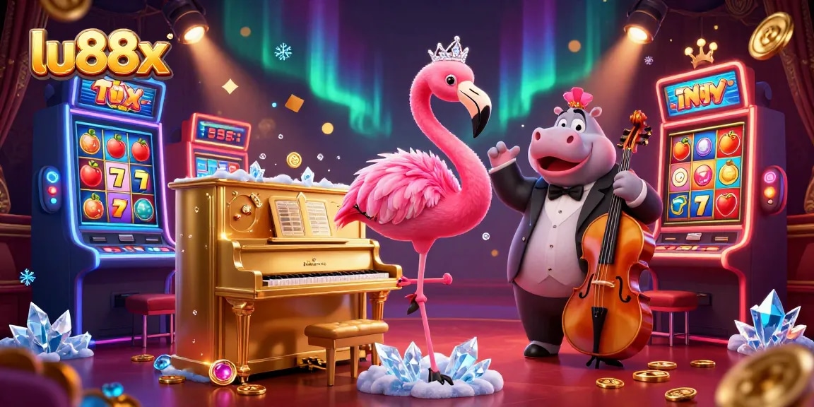 Experience vibrant casino entertainment with lu88x's lively lounge characters, dazzling slot machines, and colorful scenes.