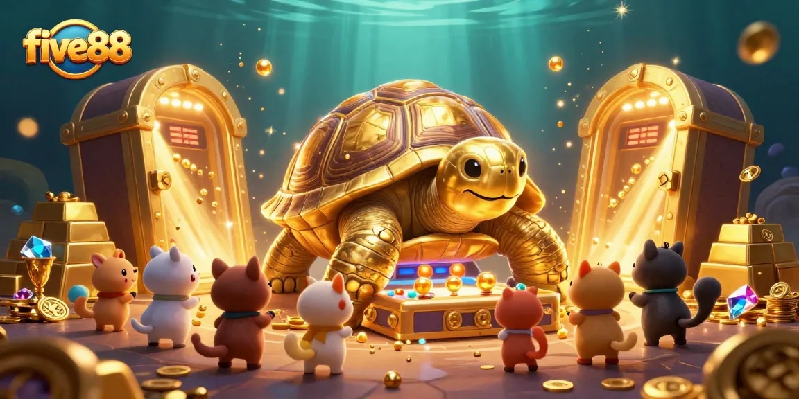 Experience the thrill of five88 with a golden tortoise pinball machine surrounded by treasures.