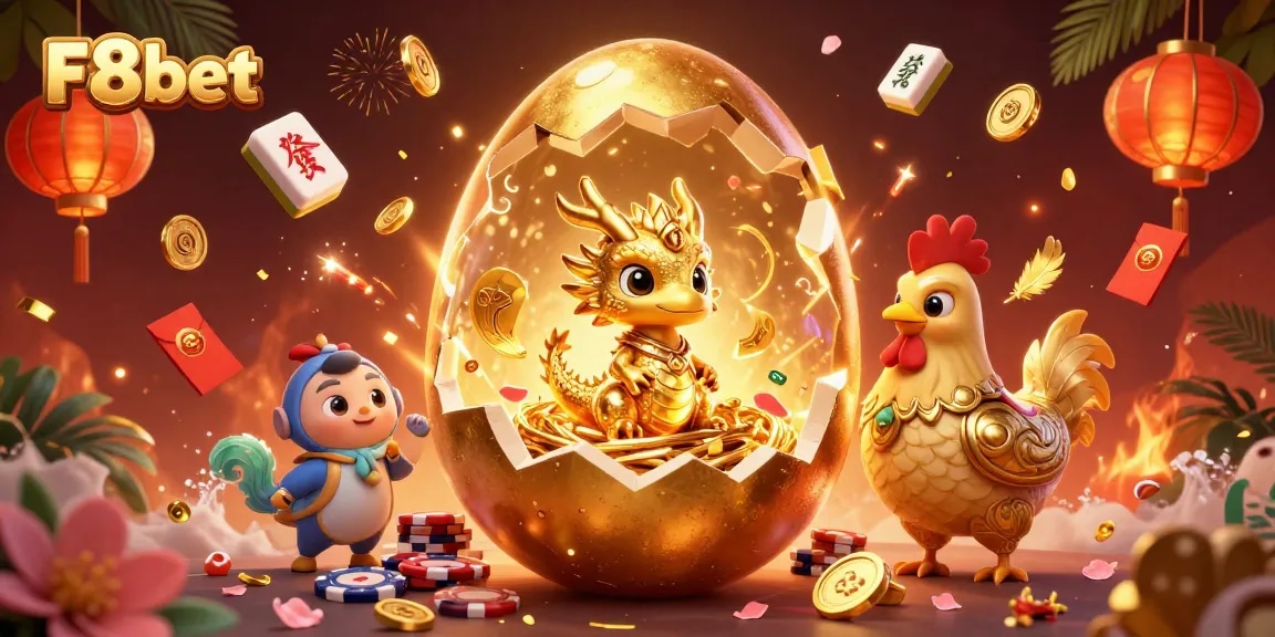 Experience winning with F8bet in a vibrant 3D casino scene featuring a golden dragon and poker chips.
