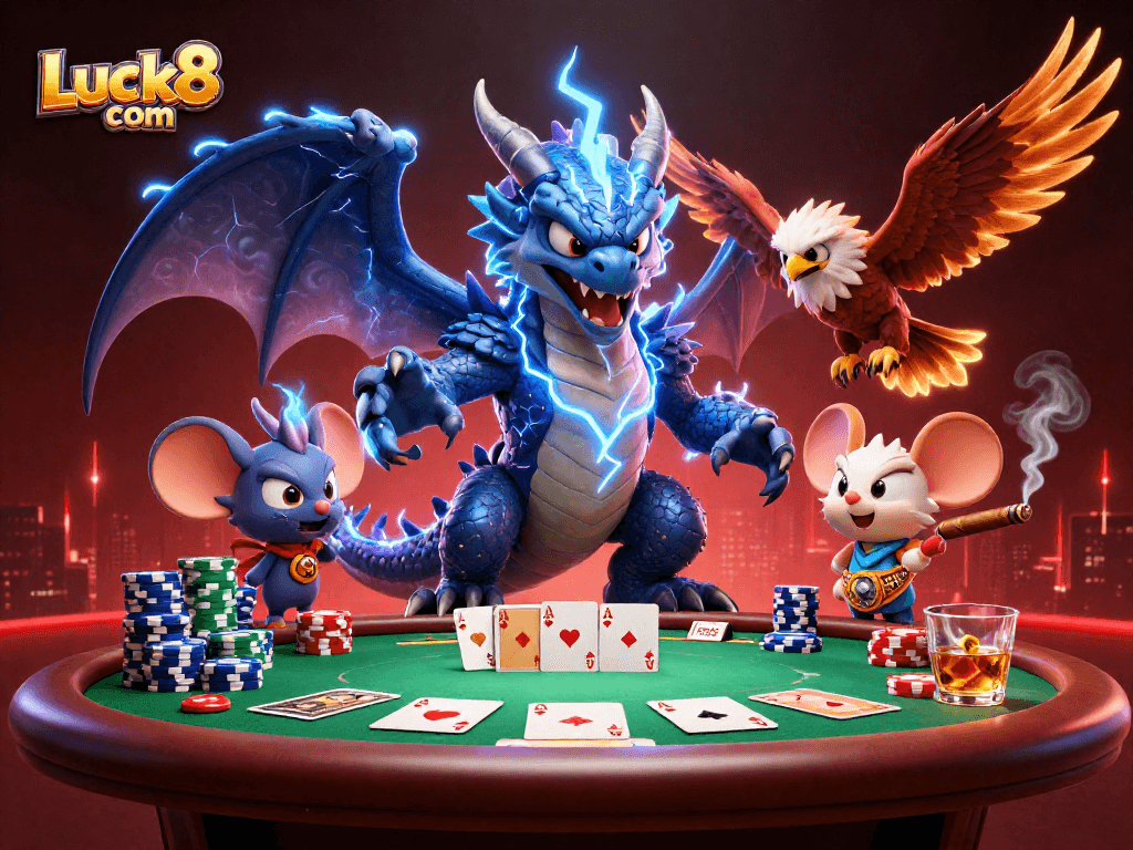 Engage in thrilling poker action with Luck8 com as a thunder dragon and hawk energize the scene.