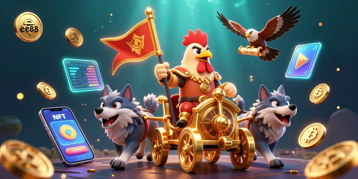 Experience thrilling adventures and winnings with ee88 in this vibrant 3D casino illustration.