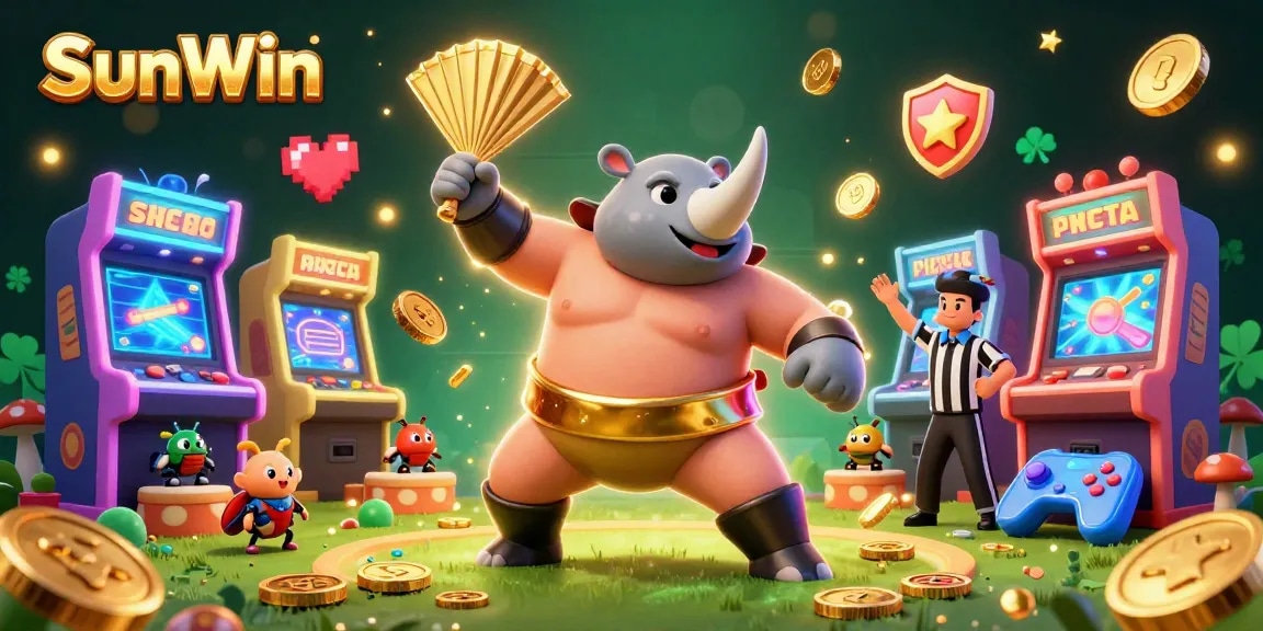 Experience the excitement of SunWin as the rhinoceros beetle champion unleashes golden coins in a vibrant casino scene.