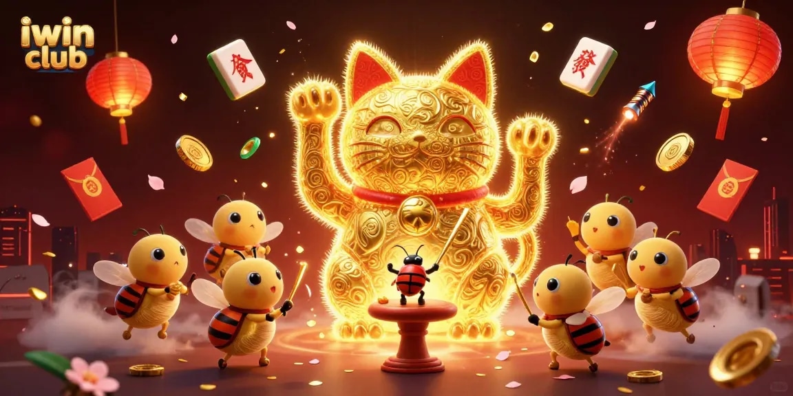 Engaging 3D illustration of iwin club showcasing a lucky cat and casino symbols for gamblers.