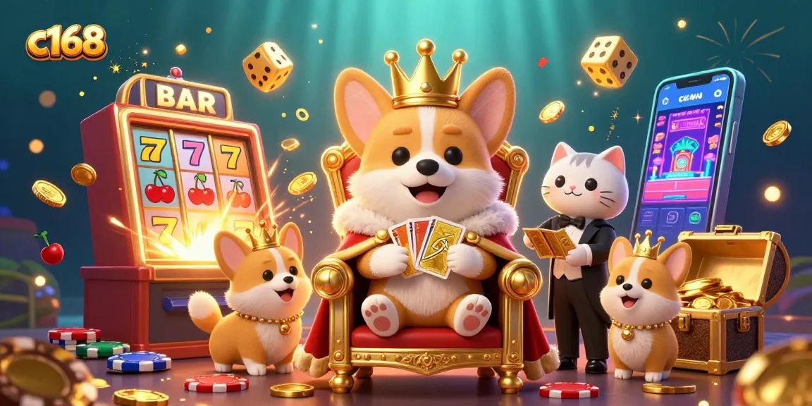 Experience the exciting world of c168's gaming with vibrant slot machines and lively characters.
