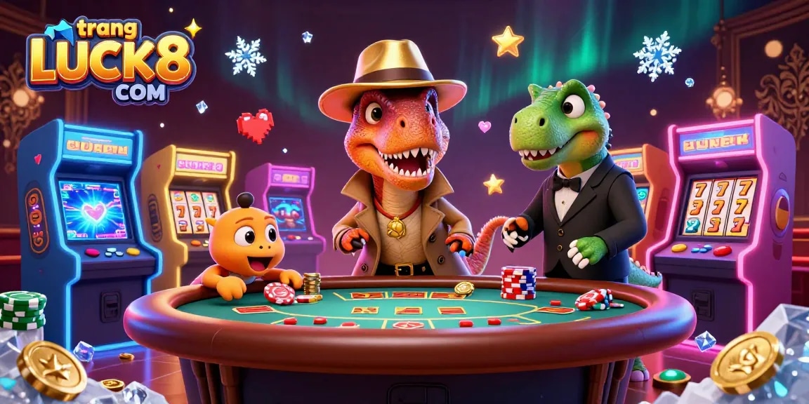 Engage with the vibrant scene of trang LUCK8 COM featuring animated casino characters amidst colorful game elements.