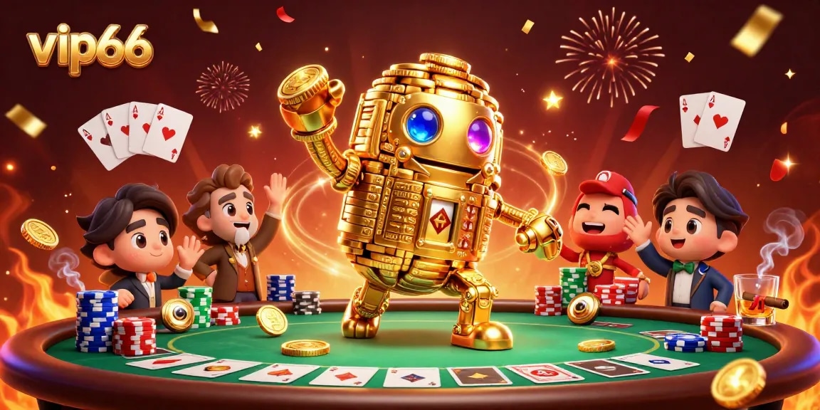 Bet on vip66 with exciting poker elements and a golden golem in a vibrant casino scene.